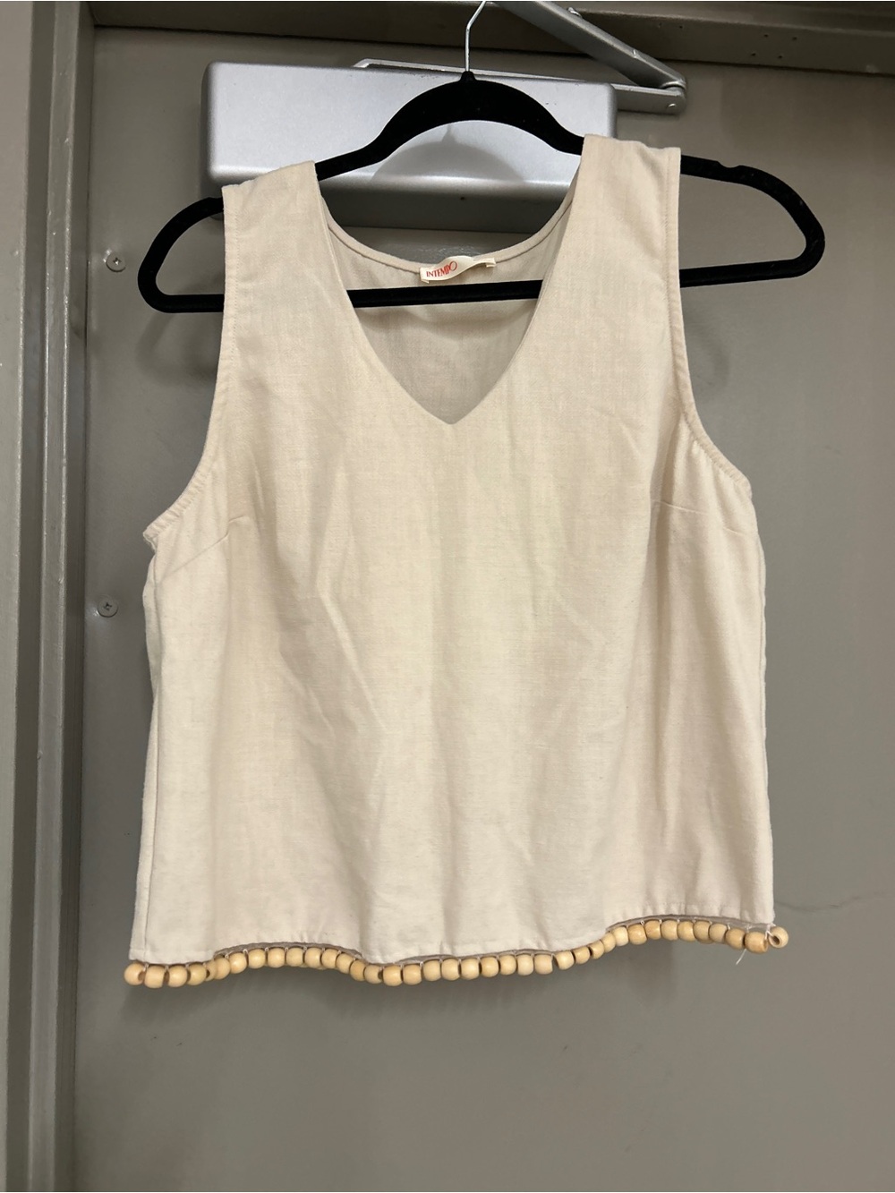Sleeveless V-Neck Tank with Pom-Bead Hem - Cream